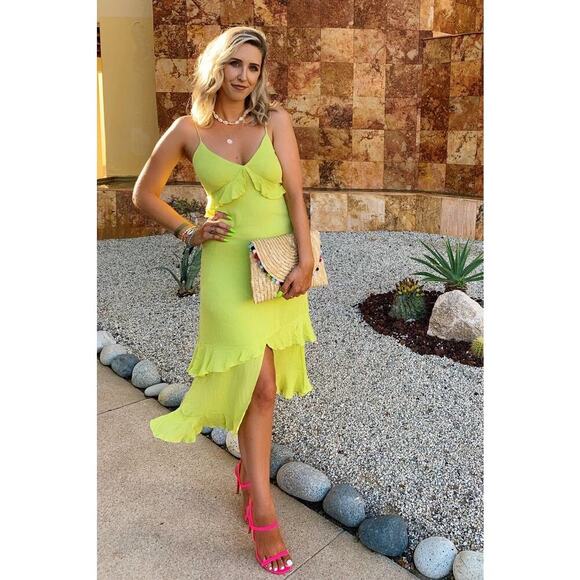 Lulus “Island Time” Lime Green Ruffled Sleeveless Midi Dress – Size Medium - Picture 9 of 9